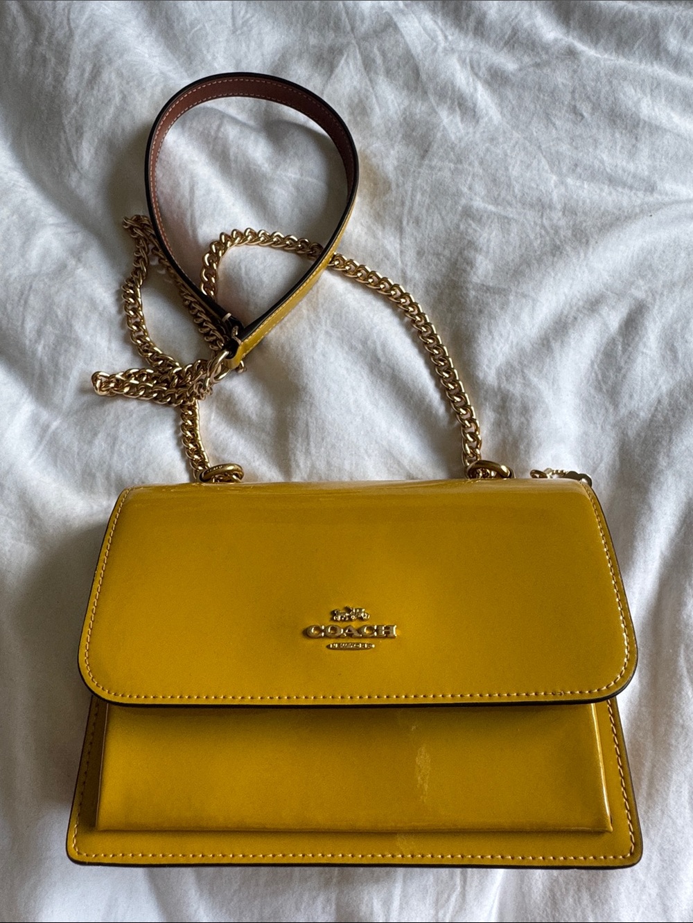 Coach Yellow Patent Leather Crossbody Bag with Gold Chain